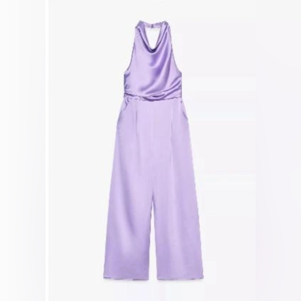 Zara satin-effect halter jumpsuit wide leg cowl neck purple size XS